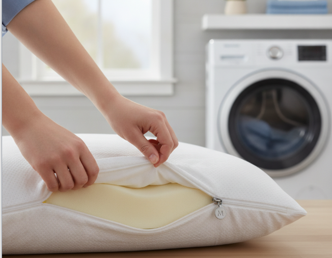 A clean pillow cover being placed in a washing machine.