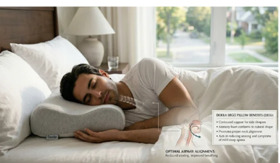 A side sleeper demonstrating correct neck posture on the VitaSleep pillow.