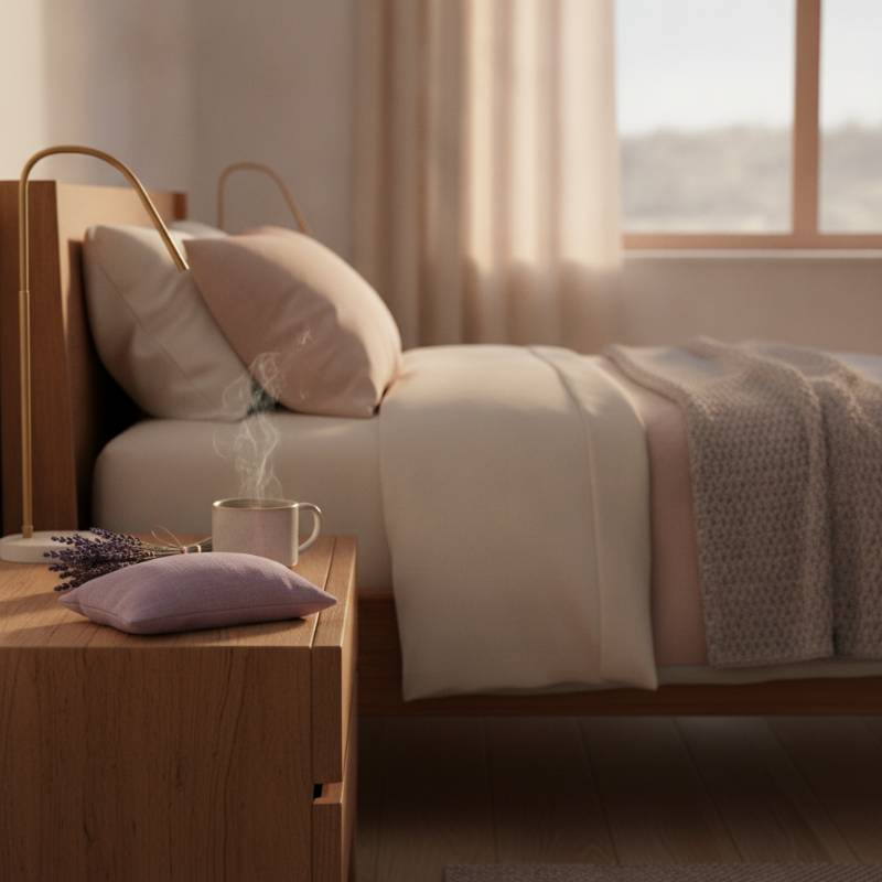 A cozy bedroom scene showing a soft weighted eye pillow resting on a wooden nightstand next to a mug of chamomile tea.