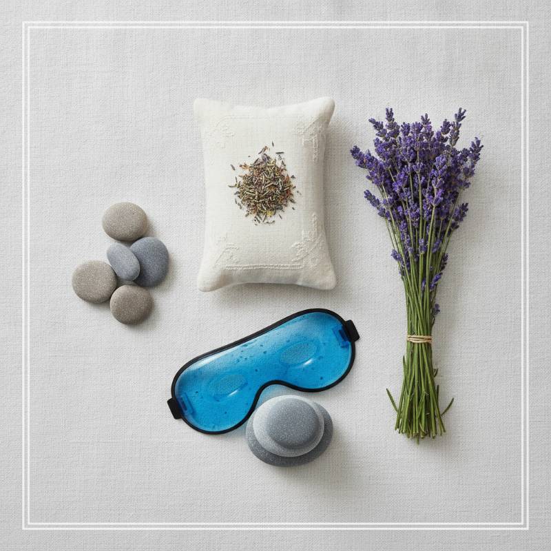 A flat lay of self-care items including a lavender eye pillow, organic cotton fabric, and a cooling gel mask.