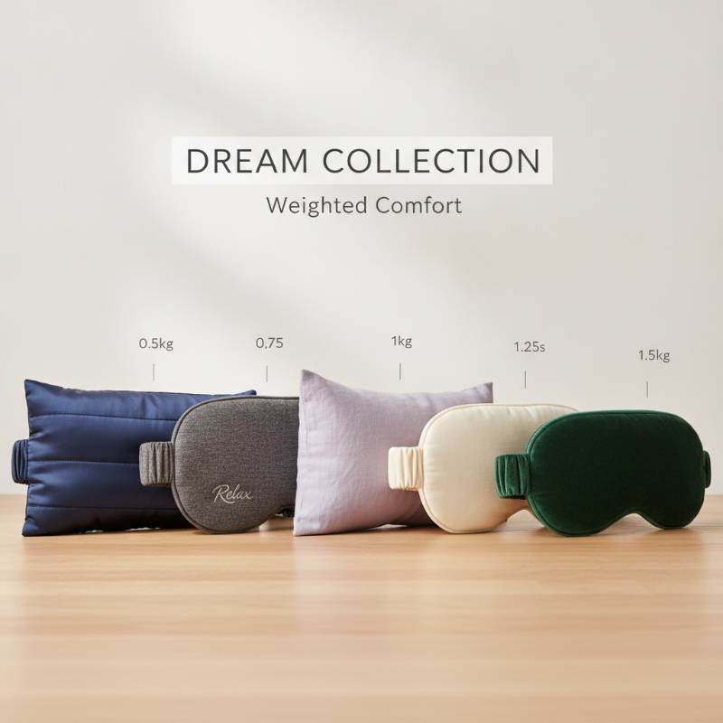 A selection of top-rated weighted eye pillows and masks arranged neatly on a neutral-colored linen sheet.