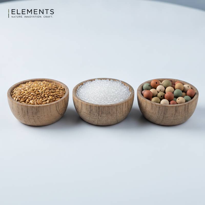 Small wooden bowls containing organic flaxseeds, tiny glass beads, and natural clay beads used for eye pillow filling.