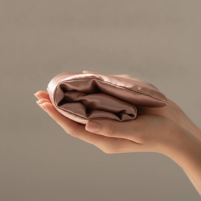 A person holding a soft, weighted eye pillow in their hands, feeling the fabric.