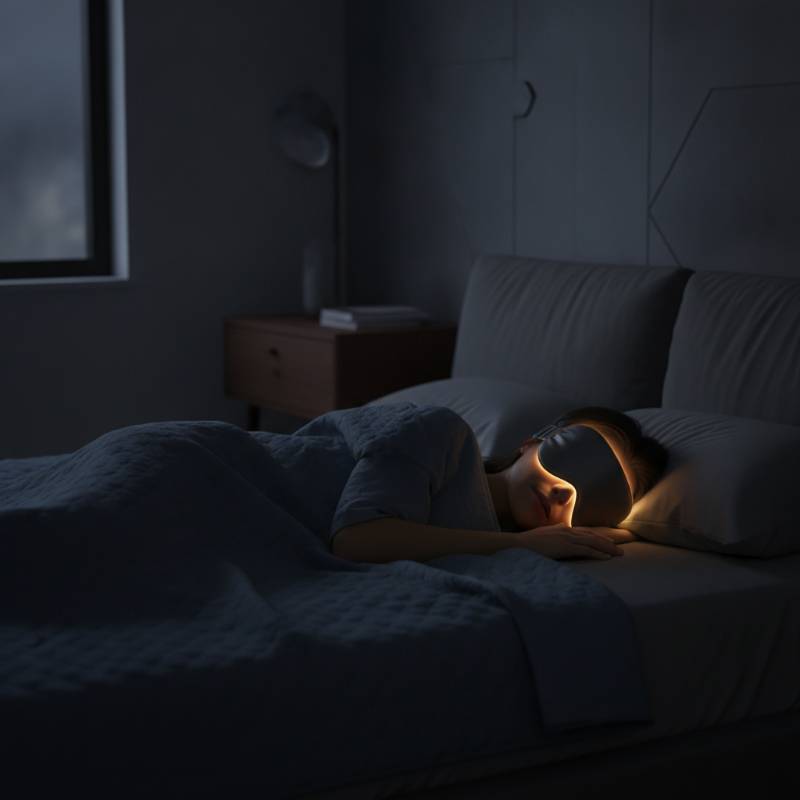 A peaceful person sleeping soundly with a comfortable weighted eye mask in a dark, quiet room.