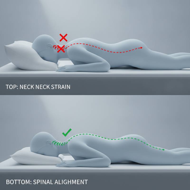 Side view comparison of correct low pillow loft versus incorrect high pillow loft for stomach sleeping.