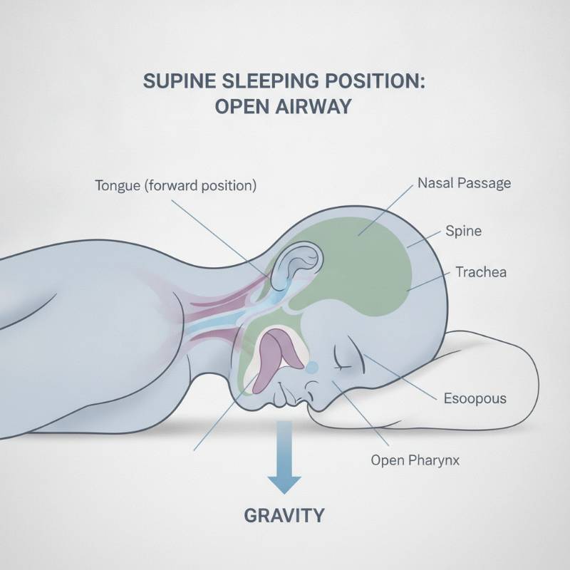 Diagram showing how stomach sleeping keeps the airway open by pulling the tongue forward.