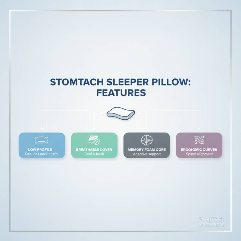 Infographic showing the key features of an ergonomic stomach sleeper pillow.