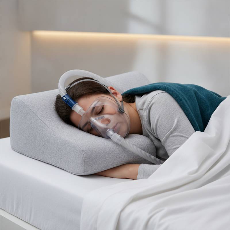 A stomach sleeper wearing a CPAP mask using a specialized CPAP pillow with cutouts.
