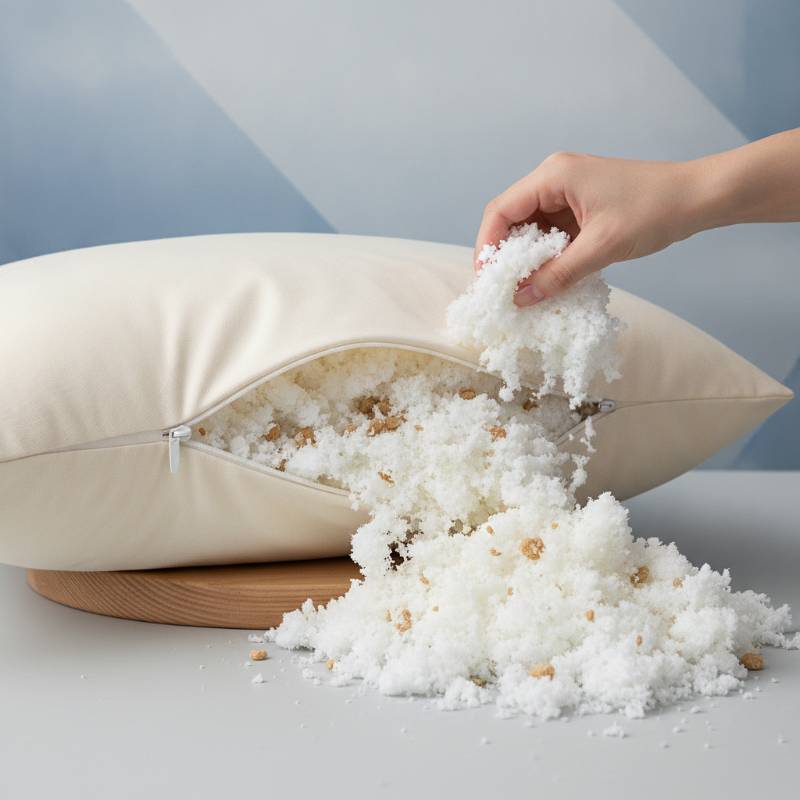 An adjustable shredded memory foam pillow open showing how to remove fill.