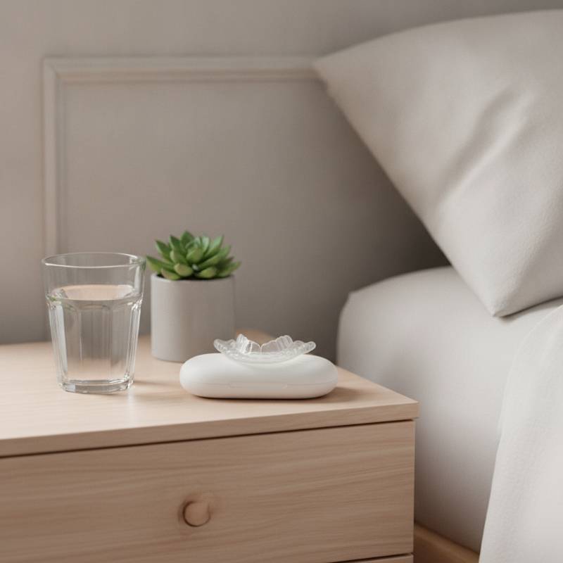 A glass of water, a sleep apnea mouth guard, and a healthy lifestyle setup on a bedside table