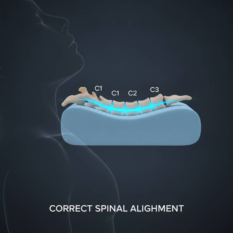 A diagram showing correct cervical spine alignment versus bad alignment during sleep with a pillow.