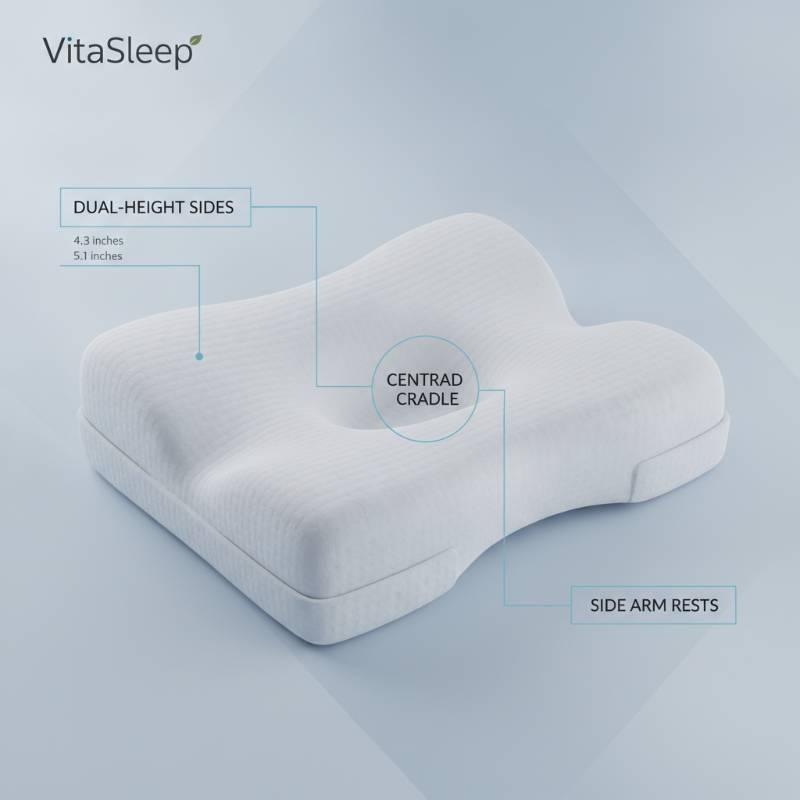 A detailed feature diagram of the VitaSleep Migraine Pillow.