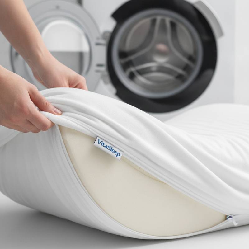 A person washing the removable cover of the VitaSleep pillow.