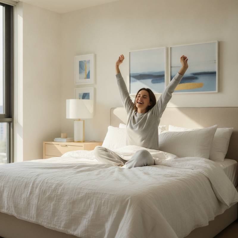 A happy person waking up refreshed in a sunny bedroom