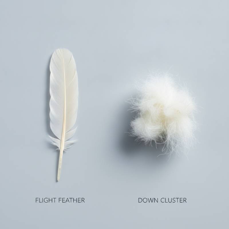 A side-by-side visual comparison of a duck feather and a soft down cluster