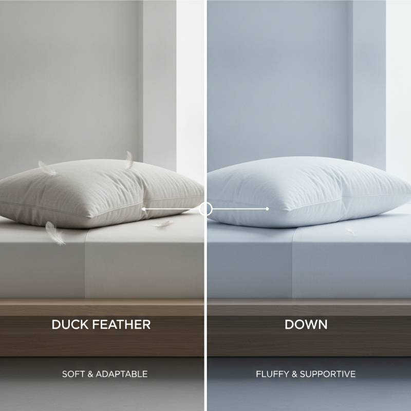 A duck feather pillow and a down pillow side by side on a bed