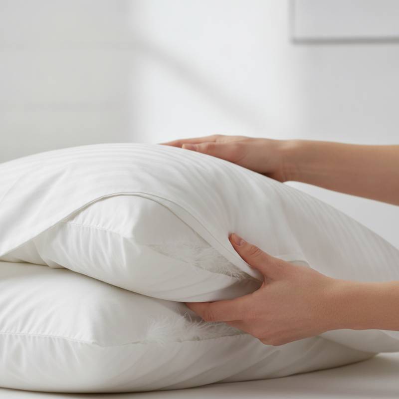 A person putting a thick protective cover over a feather pillow