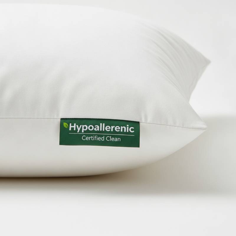 A hypoallergenic feather pillow with a clean certification label