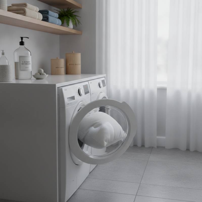 A washing machine with a clean duck feather pillow inside