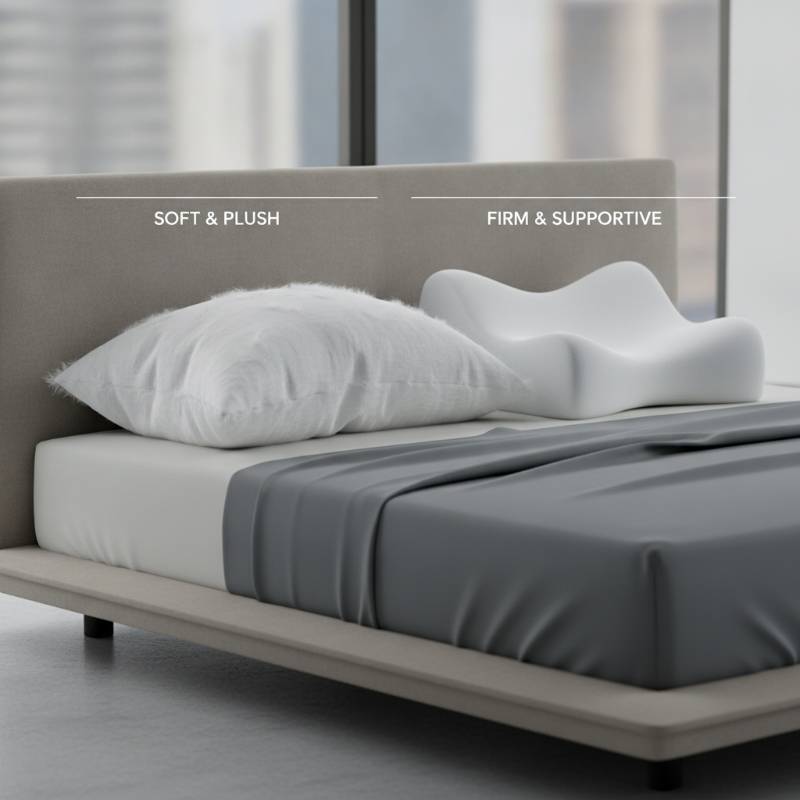 A feather pillow and a memory foam pillow side by side on a bed
