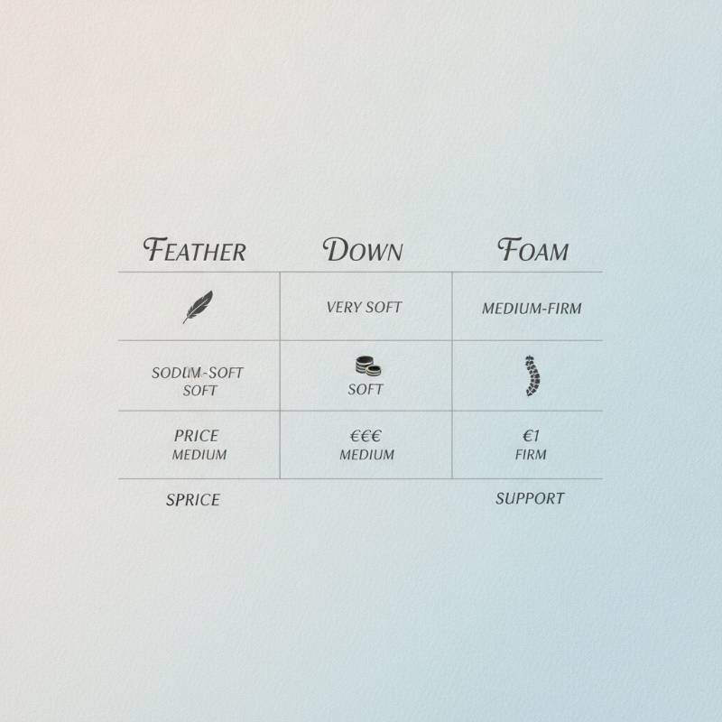 A comparison table comparing feather, down, and memory foam pillows