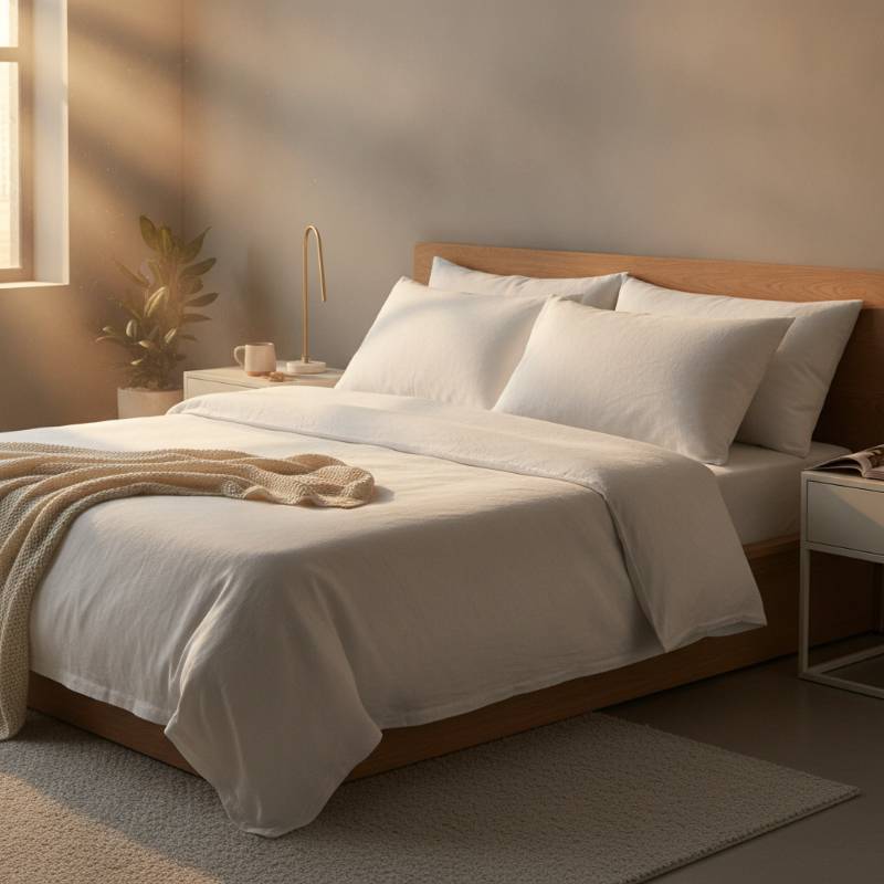 A beautifully styled bed with premium duck feather pillows under soft morning light