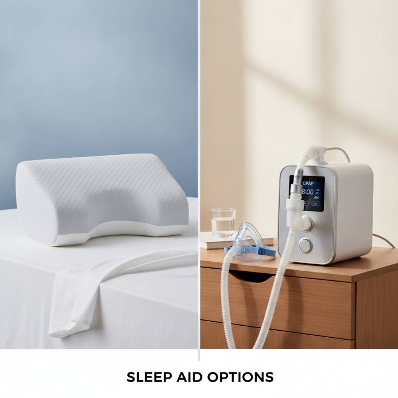 A comparison of a comfortable pillow versus a CPAP machine on a bed