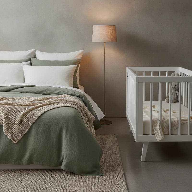 A cozy adult bed next to a safe baby crib in a modern bedroom