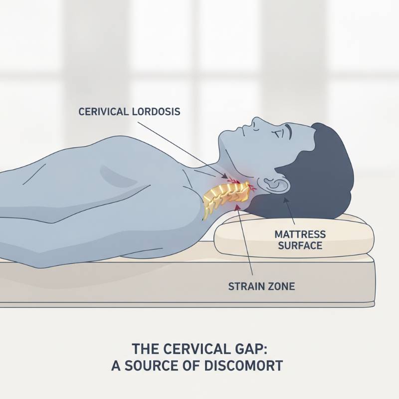 Diagram of a back sleeper showing neck strain from a flat pillow