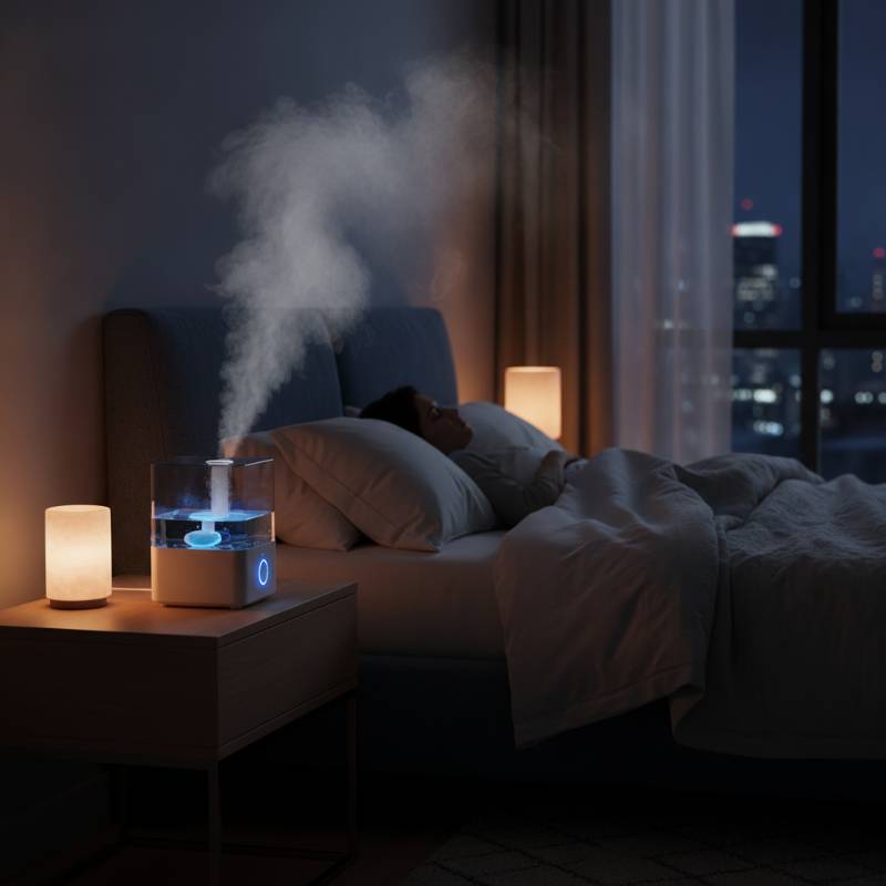 A dark, peaceful bedroom with a humidifier running softly