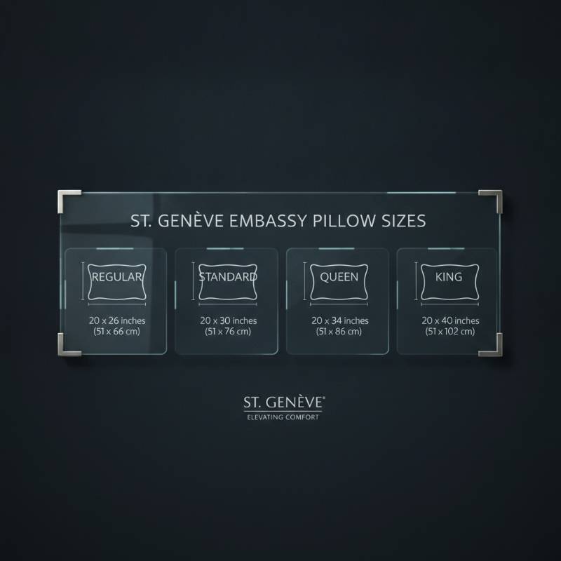 A size comparison chart of St. Genève Embassy pillows from Regular to King