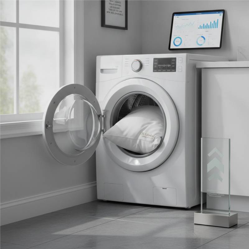 A front-loading washing machine with a white down pillow inside, showing gentle care