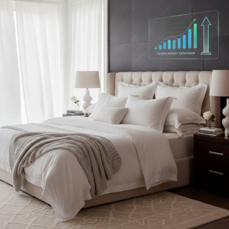 A beautifully made bed in a high-end Canadian bedroom, showcasing the elegant St. Genève pillows