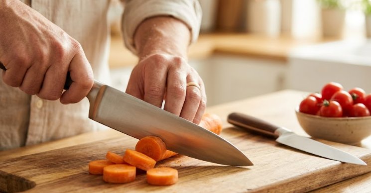 A home cook smiling while prepping a fresh vegetable meal in a beautifully lit kitchen.