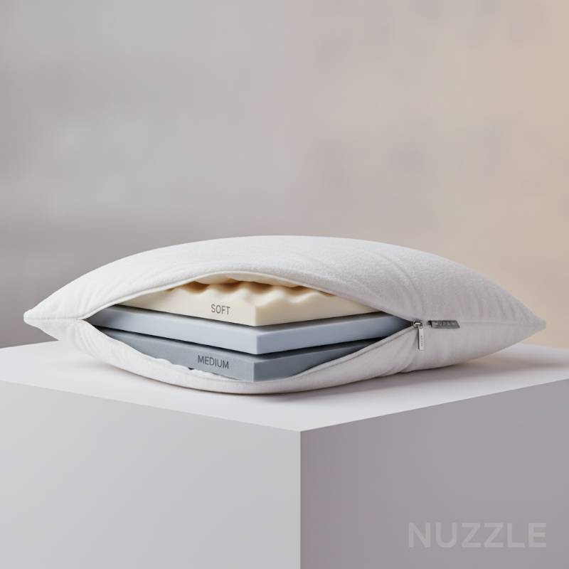 The Nuzzle Pillow with its two adjustable inner layers shown outside the cover