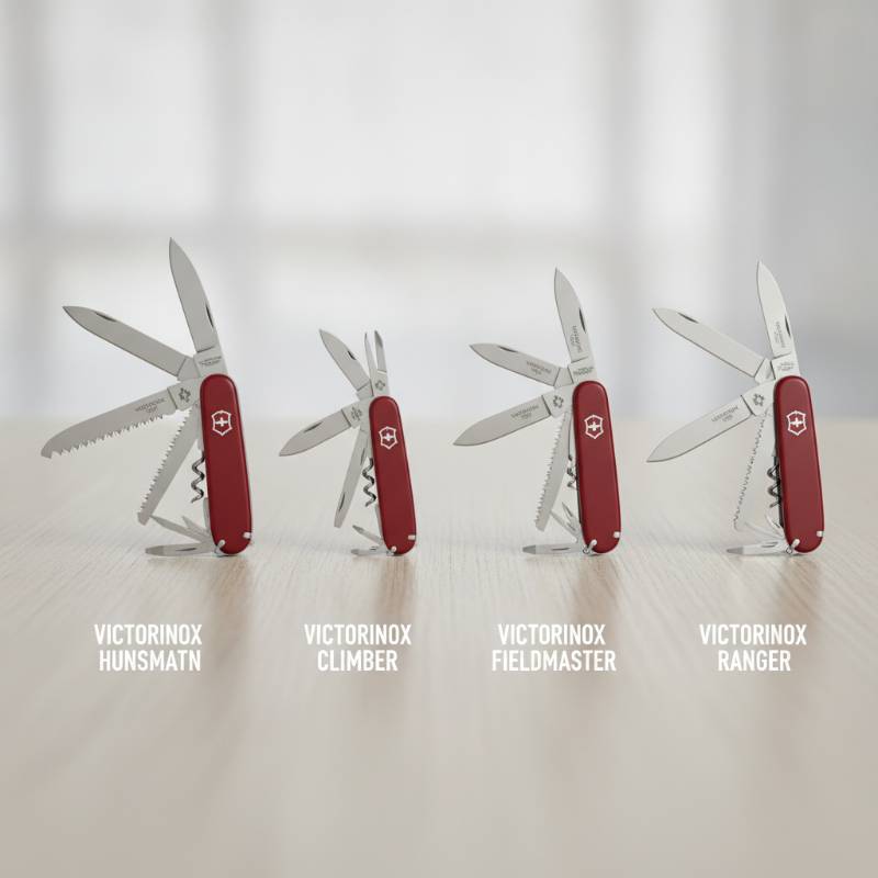 Four Victorinox Swiss Army Knives (Huntsman, Climber, Fieldmaster, and Ranger) lined up side-by-side for comparison
