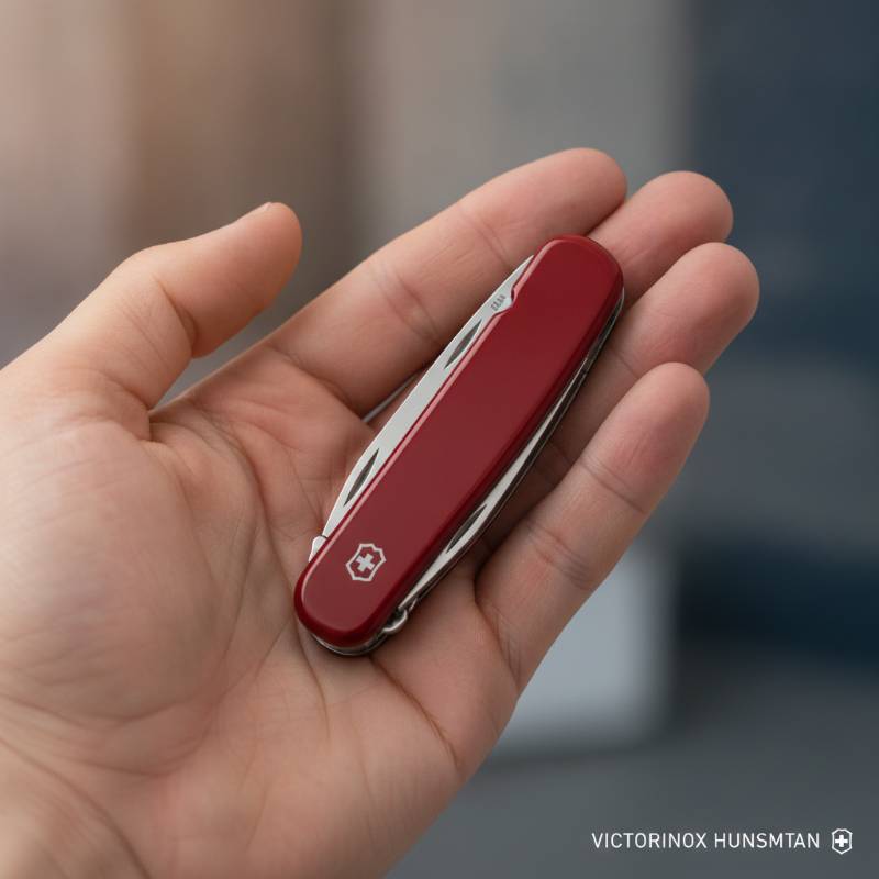 A close-up of a hand holding the Victorinox Huntsman, showing its thickness and how it fits in the palm