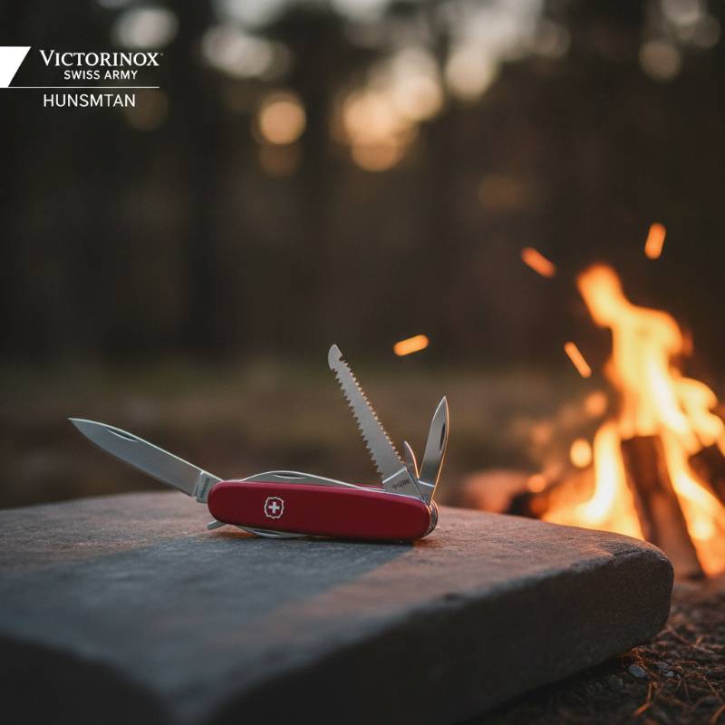 The red Victorinox Huntsman sitting proudly next to a campfire in a cozy evening setting
