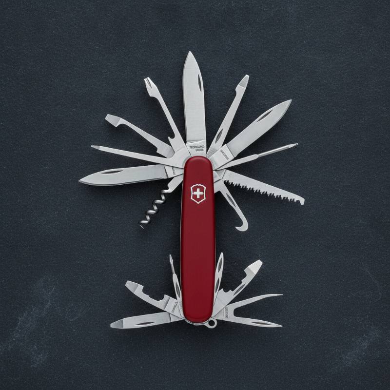 A detailed diagram or photo of the Victorinox Huntsman with all 15 tools fully extended and labeled