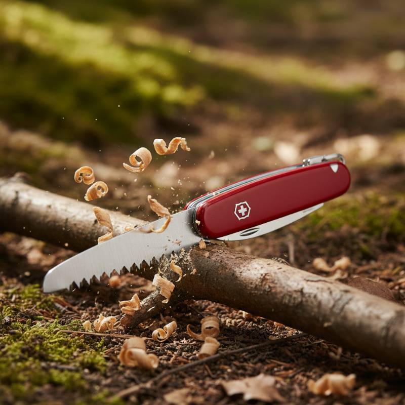 A close-up of the Victorinox Huntsman wood saw cutting through a dry pine branch