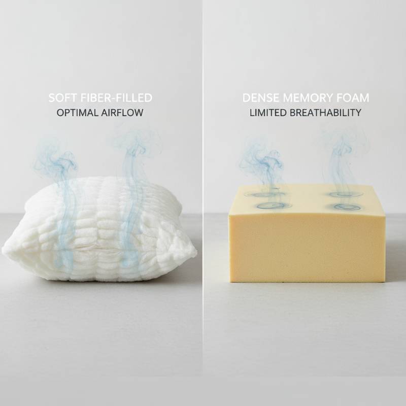 A comparison of a fiber pillow and a solid memory foam pillow.