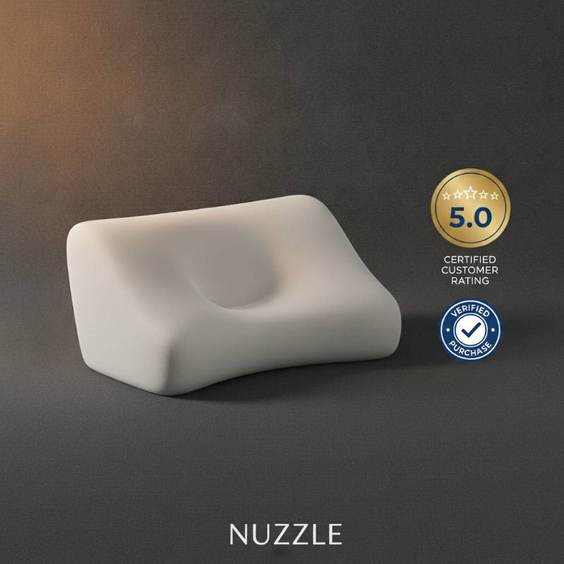 A five-star rating seal next to a Nuzzle pillow.