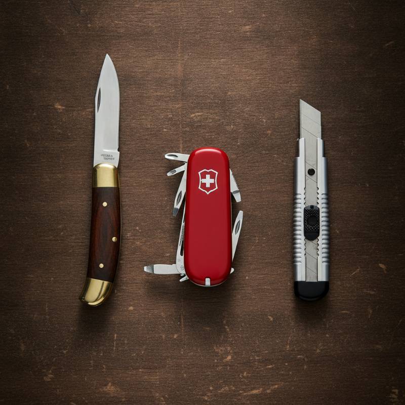 Three everyday carry cutting tools placed on a wooden table.