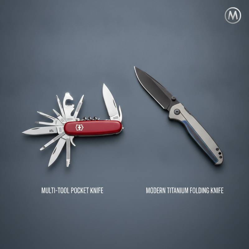 Swiss Army knife next to a single blade folding pocket knife.