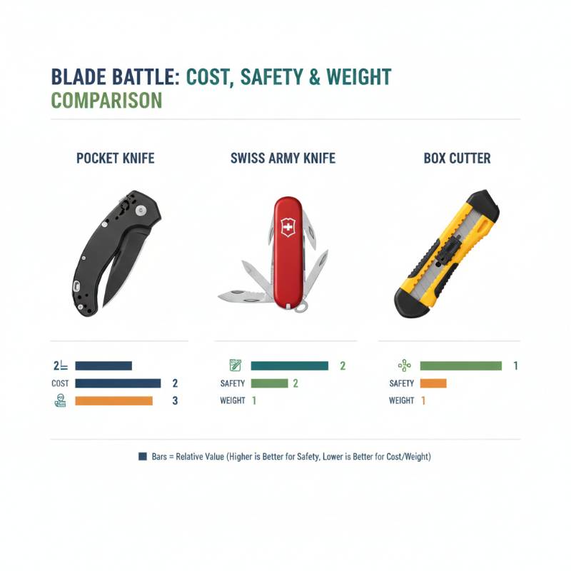Comparison chart mockup of pocket knives, Swiss Army knives, and box cutters.
