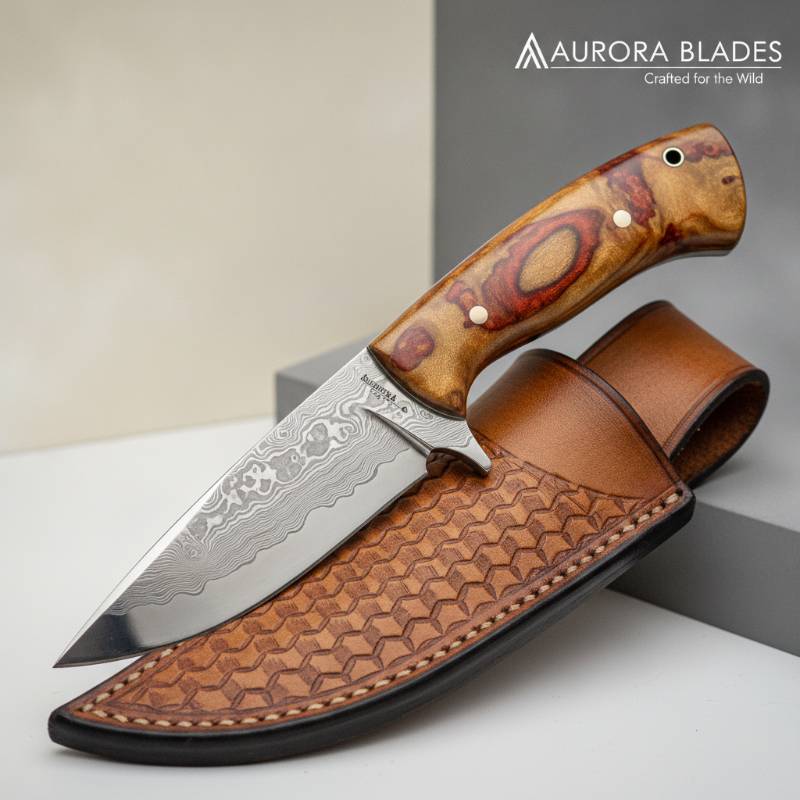 A luxury custom hunting knife with a premium stabilized maple burl wood handle.
