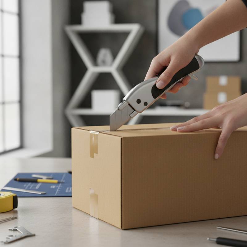 Person cutting a cardboard box with a utility knife.