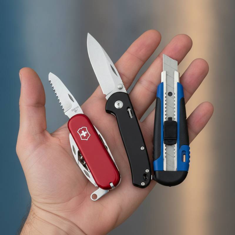 Hands holding three different pocket tools to compare them.