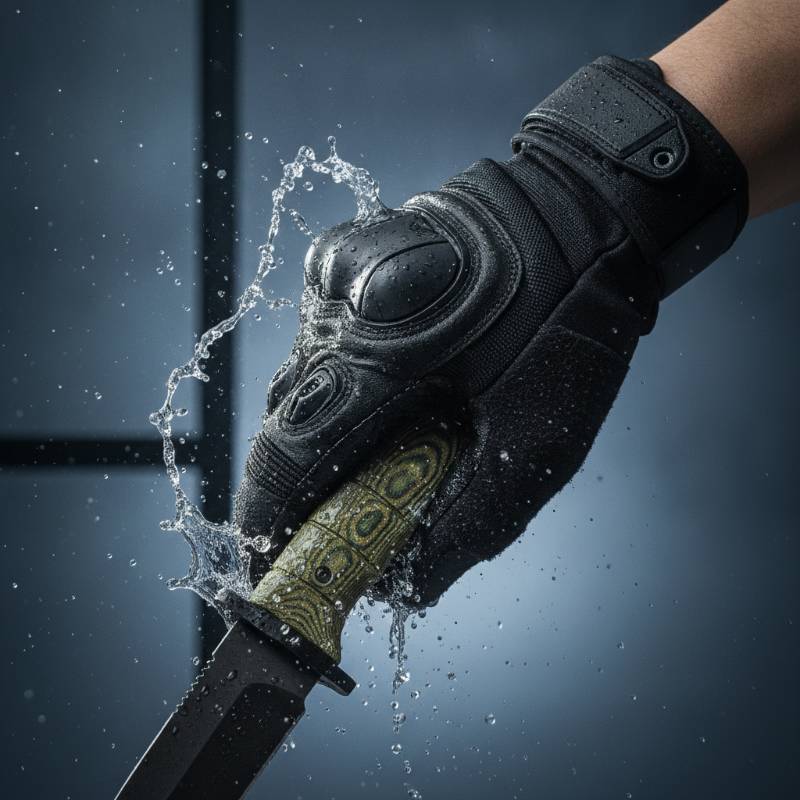 A close-up of a hand gripping a wet canvas Micarta knife handle with water splashing.