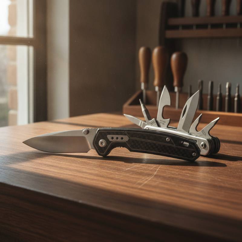 A side-by-side comparison of a sleek folding pocket knife and a multi-tool with open pliers.